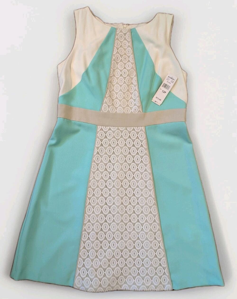 Studio One Petite 12P Aqua White Lace Sheath Dress Sleeveless NWT Career MSRP 72